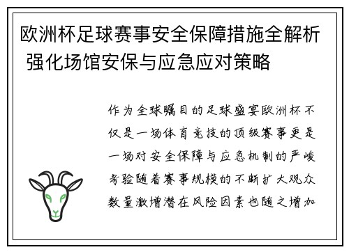 欧洲杯足球赛事安全保障措施全解析 强化场馆安保与应急应对策略 欧洲杯足球赛事安全保障措施全解析 强化场馆安保与应急应对策略