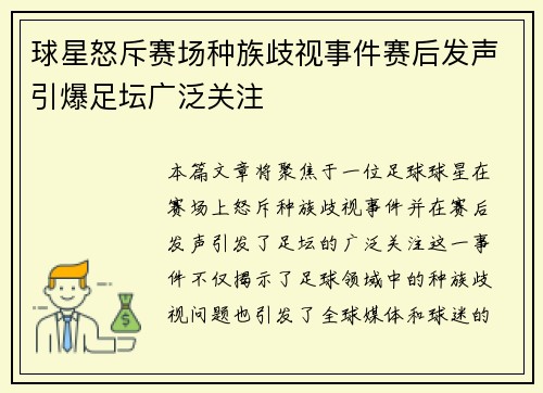 球星怒斥赛场种族歧视事件赛后发声引爆足坛广泛关注 球星怒斥赛场种族歧视事件赛后发声引爆足坛广泛关注