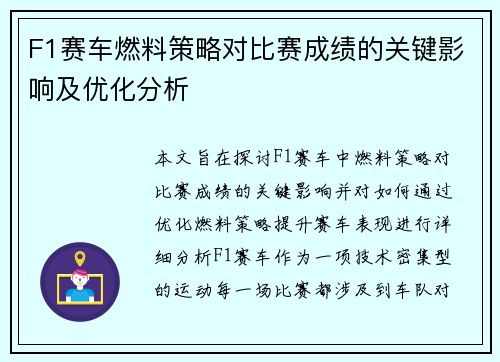 F1赛车燃料策略对比赛成绩的关键影响及优化分析